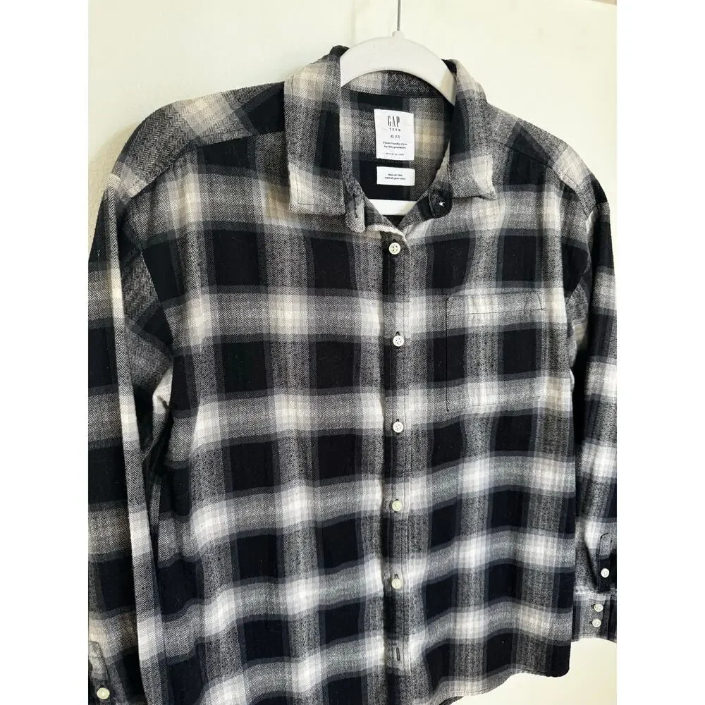 Gap Teen Flannel Button-Up Shirt Long Sleeve Plaid 100% Cotton‎ Size XL (12)
